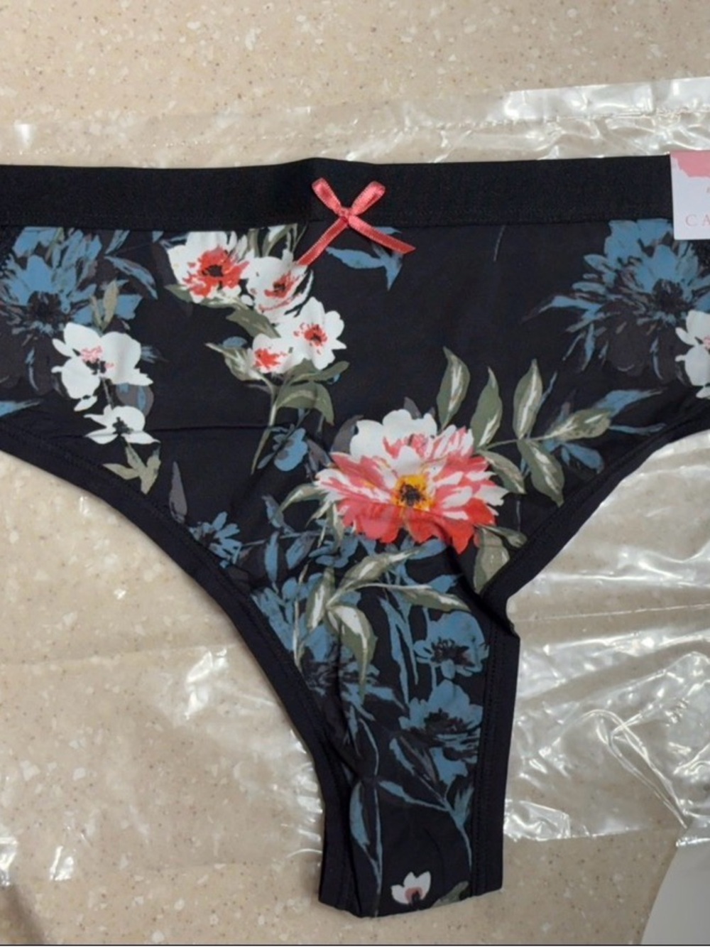 Cacique Black Floral Bikini Panty with Pink Bow 14/16 NEW